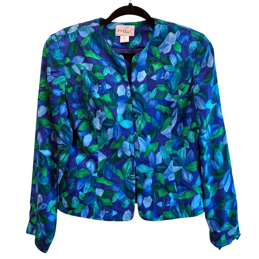 Papell Boutique Womens 10P Silk‎ Blazer Blue Green Floral Leaf Print Jacket 10P